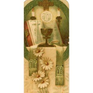 1913 Religious Mass Candles Chalice Bible Pall Victorian Trade Card Lovely!
